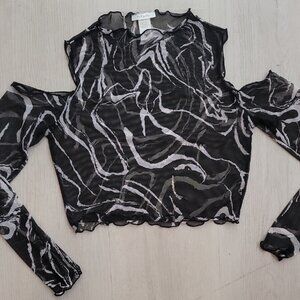Y2K Womens Sheer Mesh Cold Shoulder Top Size S/M Long Sleeve Black Whimsigoth'